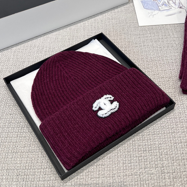 샤넬 CC 로고 리브 니트 비니 & 머플러