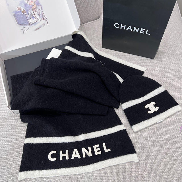 샤넬 코코 로고 니트 비니 & 머플러