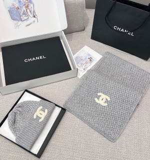 샤넬 CC 로고 와플 캐시미어 비니 & 머플러